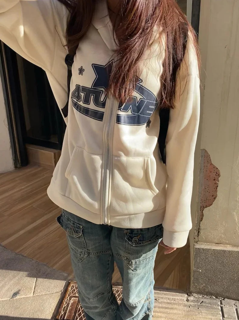 Star Letter Print Retro Oversized Zip UP Hoodie